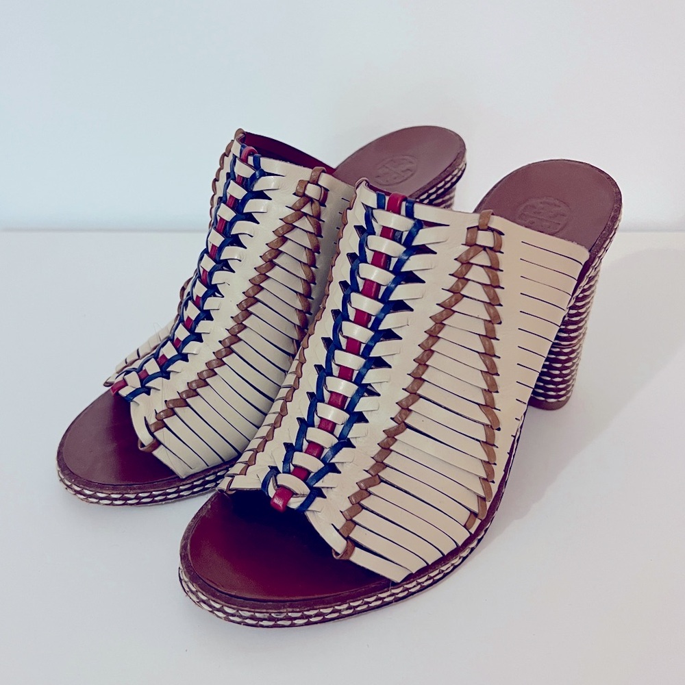 Tory Burch Pecha Woven Sandal Mules Heels Size 9